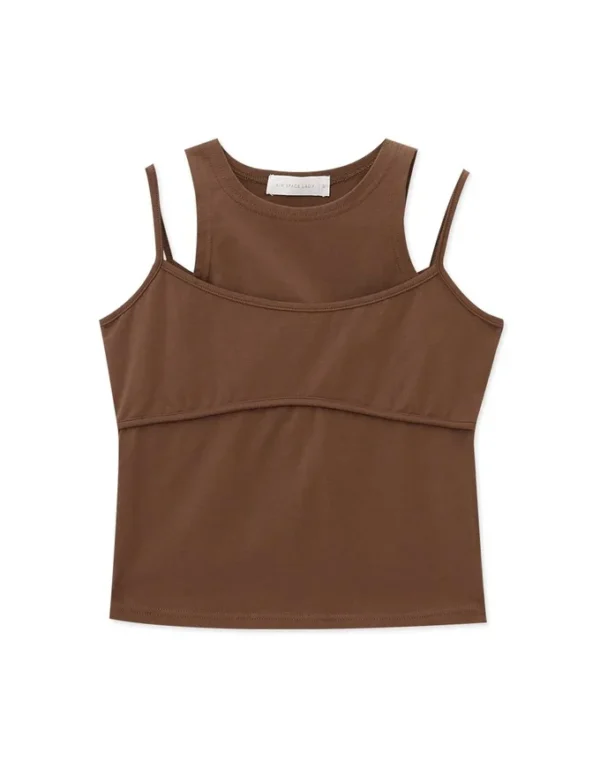 Faux 2 Piece Solid Color Hollow Rank Top - Image 3