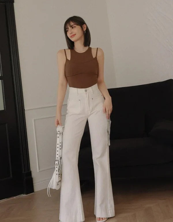 Faux 2 Piece Solid Color Hollow Rank Top - Image 2