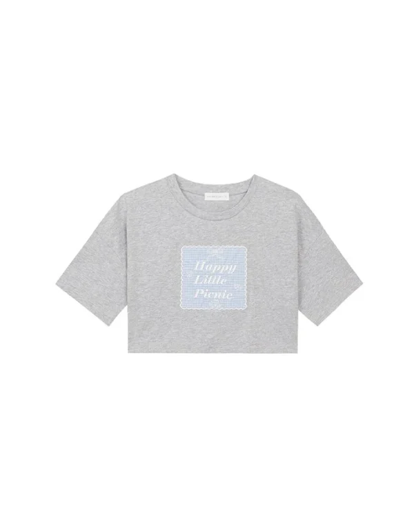 Cropped Cotton Short Sleeve Top with Gingham Embroidery Patch Design - Image 2
